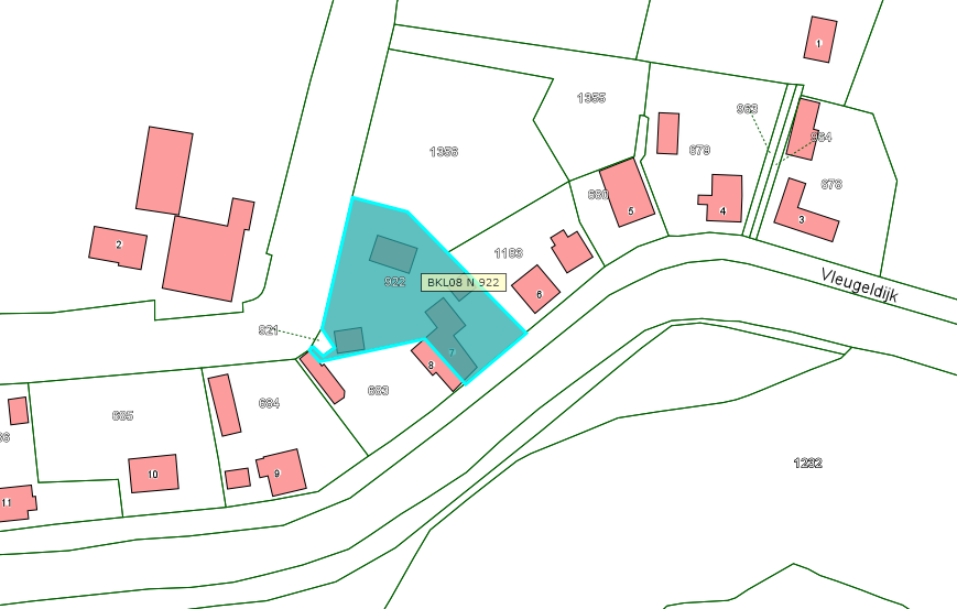 Kadastrale kaart van 2015 van ingetekende perceel aan Vleugeldijk 7 in Zuilichem