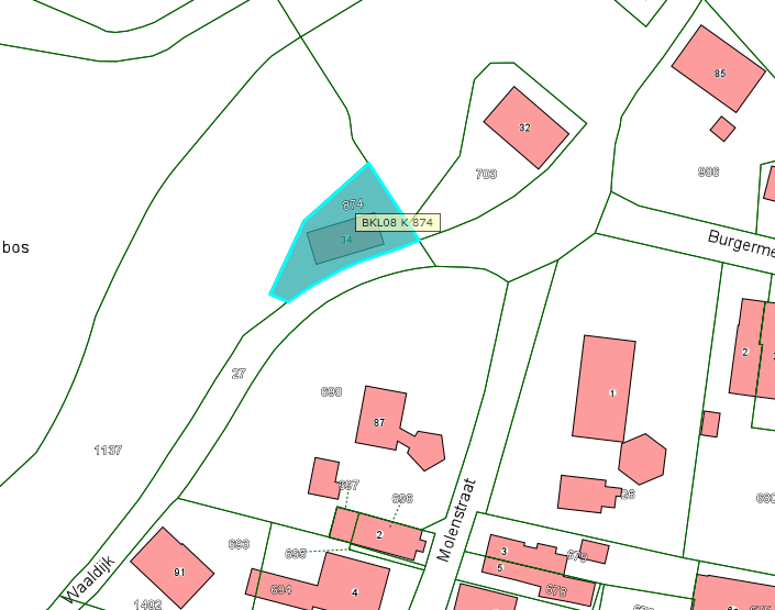 Kadastrale kaart van 2015 van ingetekende perceel aan Waaldijk 34 in Zuilichem