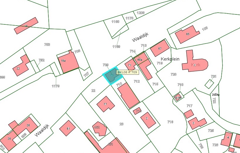 Kadastrale kaart van 2015 van ingetekende perceel aan Waaldijk 73 in Zuilichem