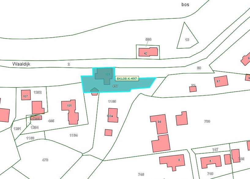 Kadastrale kaart van 2015 van ingetekende perceel aan Waaldijk 103 in Zuilichem