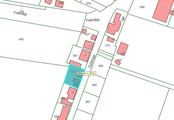 Kadastrale kaart van 2015 van ingetekende perceel aan Zijlstraat 16 in Zuilichem