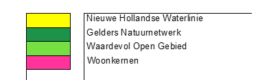 Een geel vlakje staat voor Nieuwe Hollandse Waterlinie, donkdergroen is Gelders Natuurnetwerk, lichtgroen is Waardevol open gebied en rood zijn de woonkernen