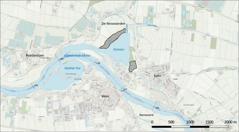 Plattegrond van het Esmeer en de omgeving. De projectgebieden liggen ten Noordoosten en Zuidwesten van het Esmeer