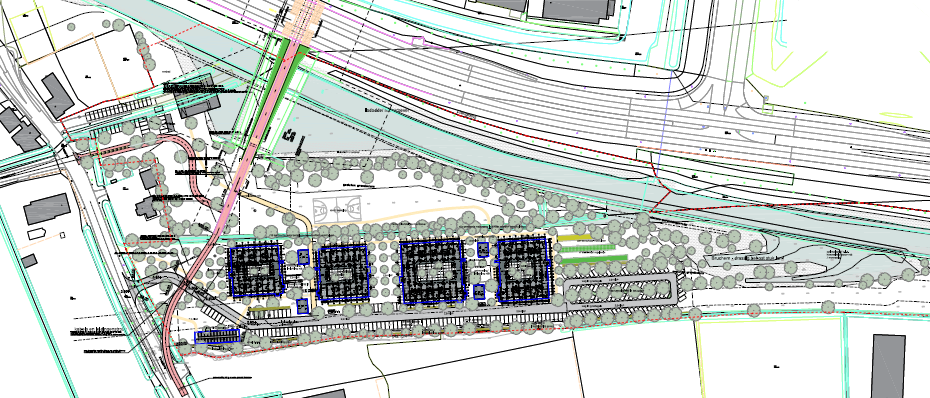 situatietekening van projectterrein met ingetekend 4 appartementsgebouwen (4 blokken) in een horizontale lijn. De 2 rechtse gebouwen zijn iets groter