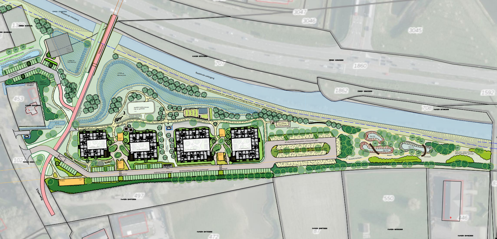 De nieuwste situatieschets voor de nieuwbouw aan De Tol in Zaltbommel. De buitenruimte is nog in ontwikkeling. Deze tekening geeft alvast een indruk van de mogelijke inrichting, maar is nog niet definitief.