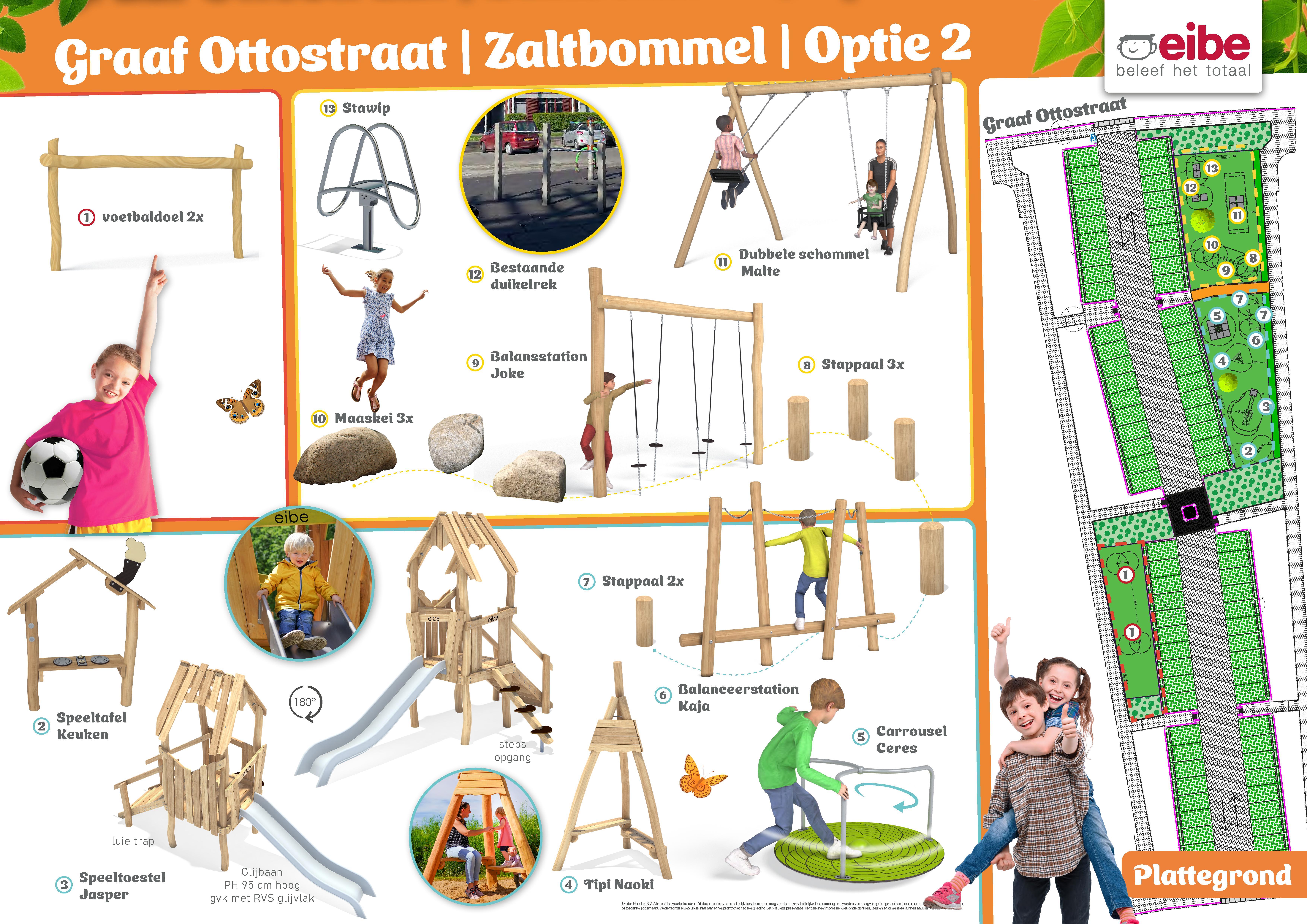 Natuurlijke speeltuinoptie met houten toestellen en balansparcours voor Graaf Ottostraat. Inclusief plattegrond.