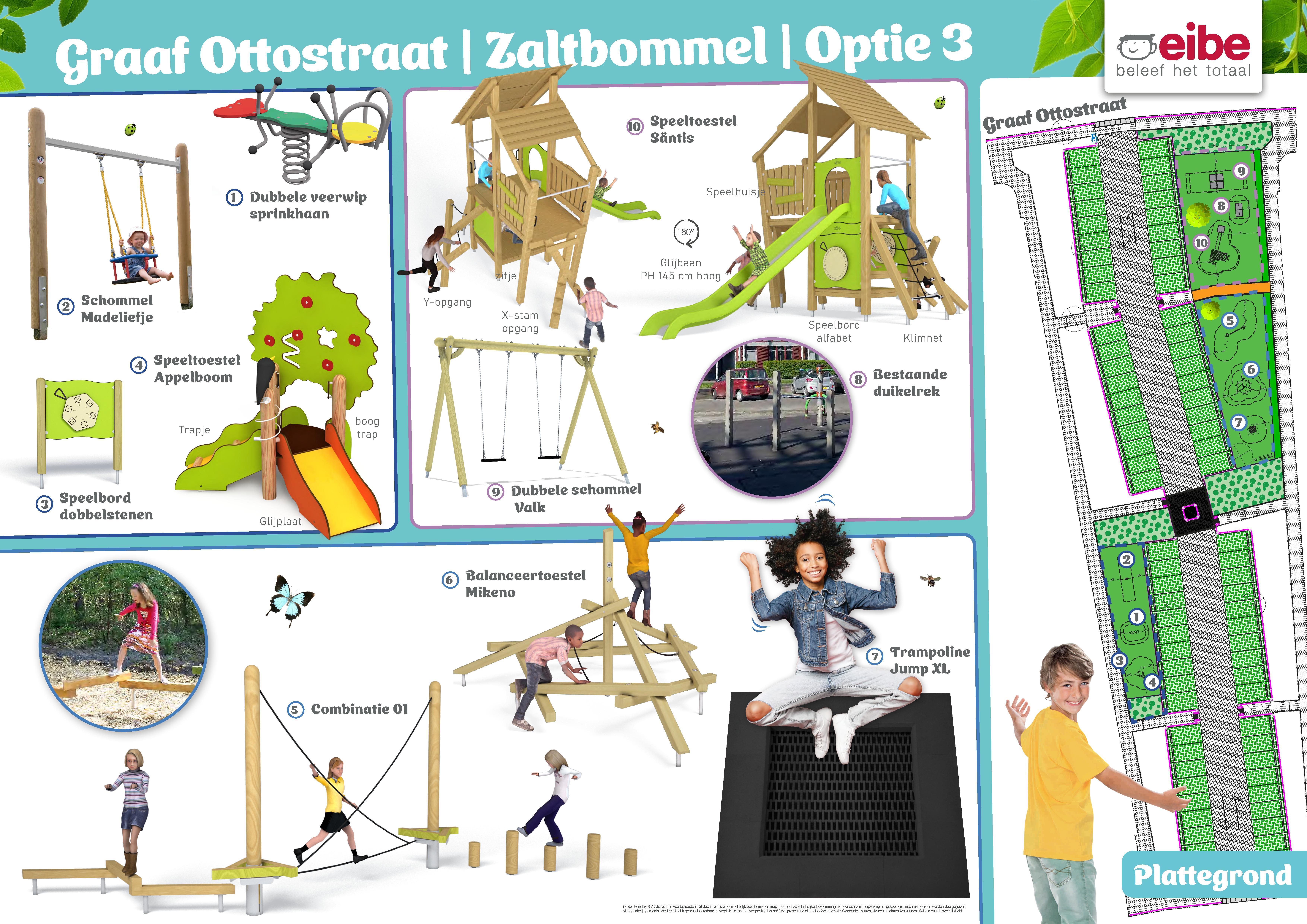 Speelontwerp met klimtorens, trampoline en wip voor Graaf Ottostraat, Zaltbommel. Inclusief plattegrond.
