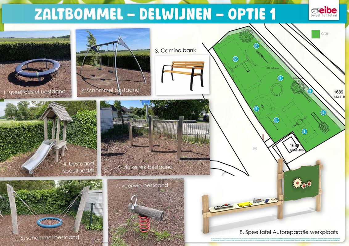 Ontwerp van een speelplaats in Delwijnen met bestaande toestellen (schommels, glijbaan met houten huisje, duikelrek, wip) en nieuw een bank en speeltafel in de vorm van een autoreparatie-werkplaats. Rechts een plattegrond met de indeling op een grasveld.