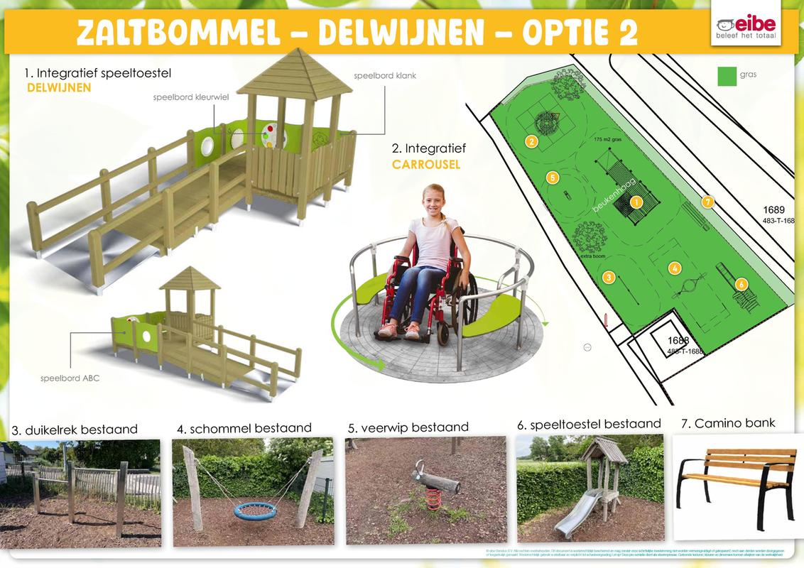 Speelplaatsontwerp Delwijnen met nieuw inclusief speeltoestel met oploopbrug en rolstoeltoegankelijke draaimolen, plus bestaande toestellen, zoals schommel, duikelrek, wip, glijbaan en nieuwe bank; indeling op grasveld zichtbaar op plattegrond.