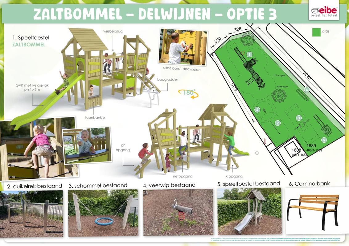 Speelplaatsontwerp  met een groot nieuw klim- en glijtoestel, aangevuld met bestaande toestellen (duikelrek, schommel, wip, glijbaan) en een bank; indeling grasveld zichtbaar op plattegrond.