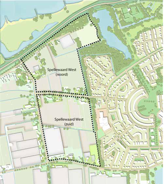 Kaart van woningbouwproject Spellewaard-West in Zaltbommel met 2 gebieden omlijnd: Noord, tussen Leutsestraat, Waalbandijk en Spellewaardsestraat en zuid: tussen Spellewaardsestraat en Nieuwe Tijningen
