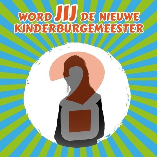 Een vraagteken met profiel van een kindje met een rode vraagteken erdoor. En met tekst: word jij de nieuwe kinderburgemeester 