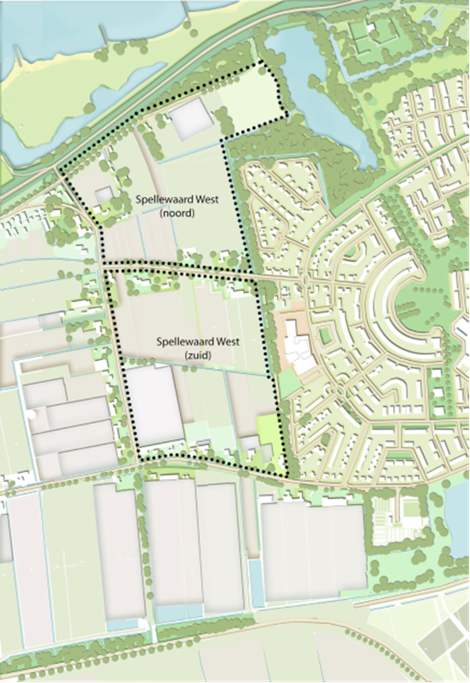 Kaart van woningbouwproject Spellewaard-West in Zaltbommel met 2 gebieden omlijnd: Noord, tussen Leutsestraat, Waalbandijk en Spellewaardsestraat en zuid: tussen Spellewaardsestraat en Nieuwe Tijningen