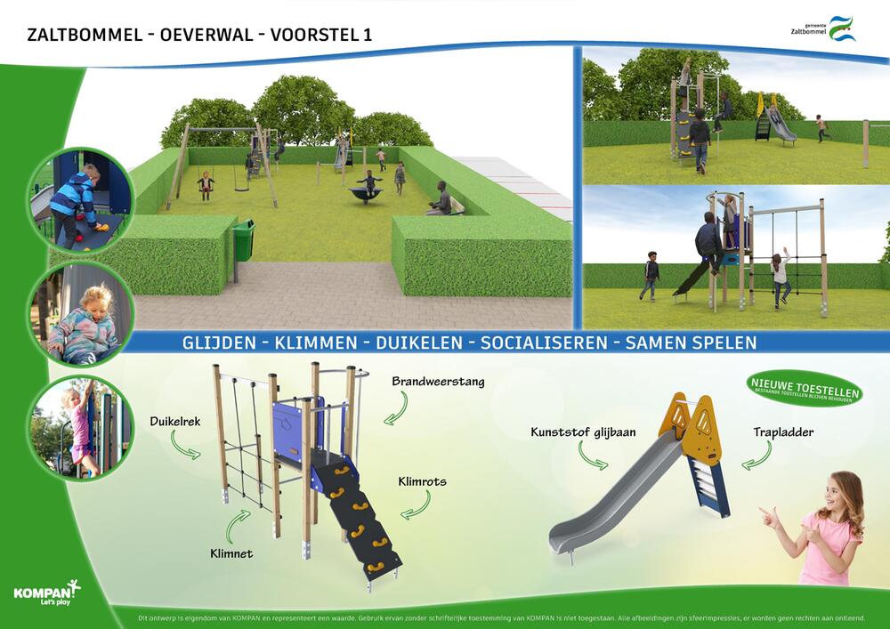 Ontwerpvoorstel voor de speelplek Oeverwal in Zaltbommel met een groen omgeven speelveld, klimnetten, duikelrek, glijbaan, schommels en zitplekken. De afbeelding laat kinderen zien die klimmen, glijden en samen spelen.