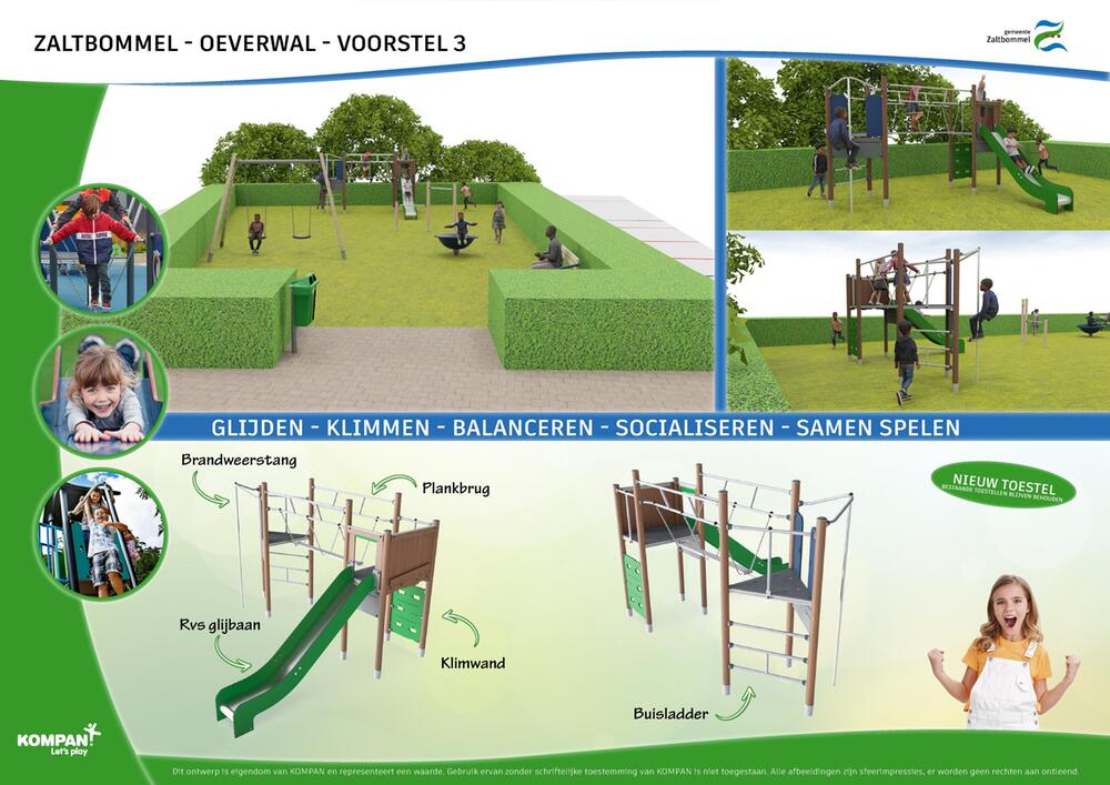 Ontwerpvoorstel voor speelplek Oeverwal in Zaltbommel met een groot combinatiespeeltoestel, glijbanen, klimwand, bruggen en balanceerelementen, omgeven door groene speelheuvels. De afbeelding toont kinderen die klimmen, glijden en samen spelen.
