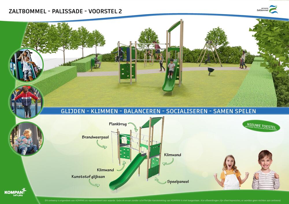 Ontwerpvoorstel voor speelplek Palissade in Zaltbommel met een groen speelveld en een groot combinatiespeeltoestel met glijbaan, klimwanden, brug en speelelementen. De afbeelding toont kinderen die klimmen, glijden, balanceren en samen spelen.