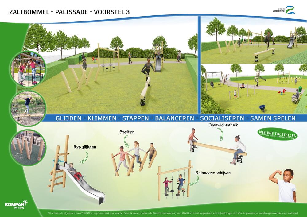Ontwerpvoorstel voor speelplek Palissade in Zaltbommel met een groen speelveld en een natuurlijk speelparcours met speelelementen, zoals balanceerschijven, stapstammen, stelten en een glijbaan. De afbeelding toont kinderen die balanceren, klimmen, spelen