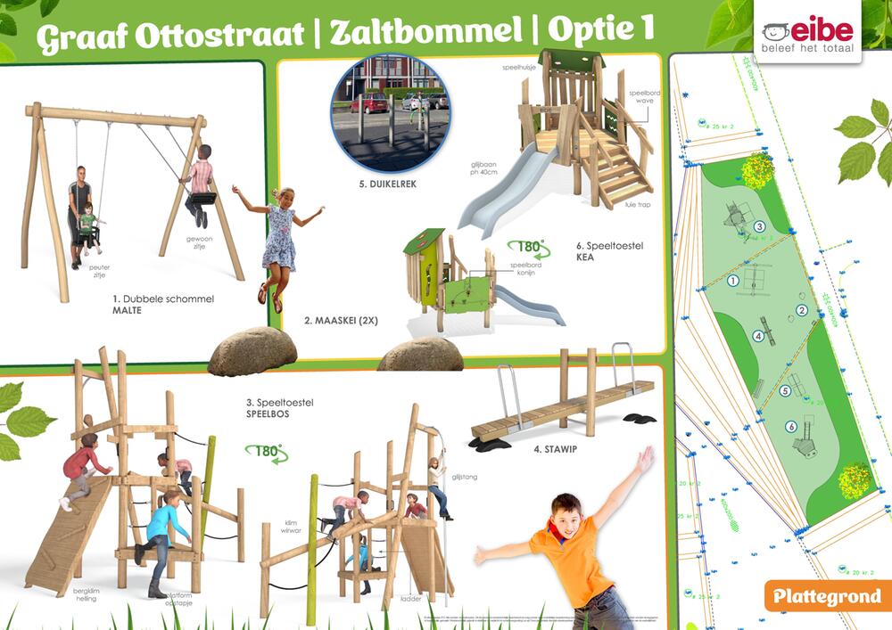 Ontwerp voor een natuurlijke speelplek aan de Graaf Ottostraat in Zaltbommel met houten speeltoestellen zoals een schommel, klimtoestel, glijbaan, duikelrek en evenwichtsbalk, inclusief plattegrond