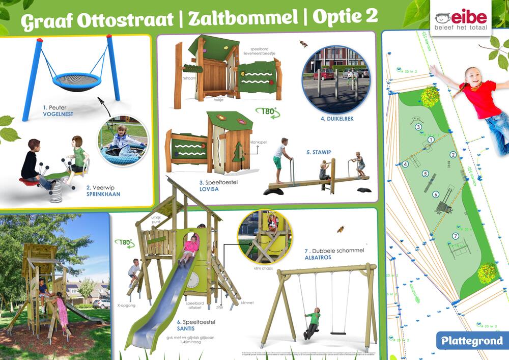 Ontwerp voor een speelplek aan de Graaf Ottostraat in Zaltbommel met verschillende speeltoestellen zoals een vogelnestschommel, veerwip, klim- en glijtoestellen, duikelrek en evenwichtsbalk, inclusief plattegrond.