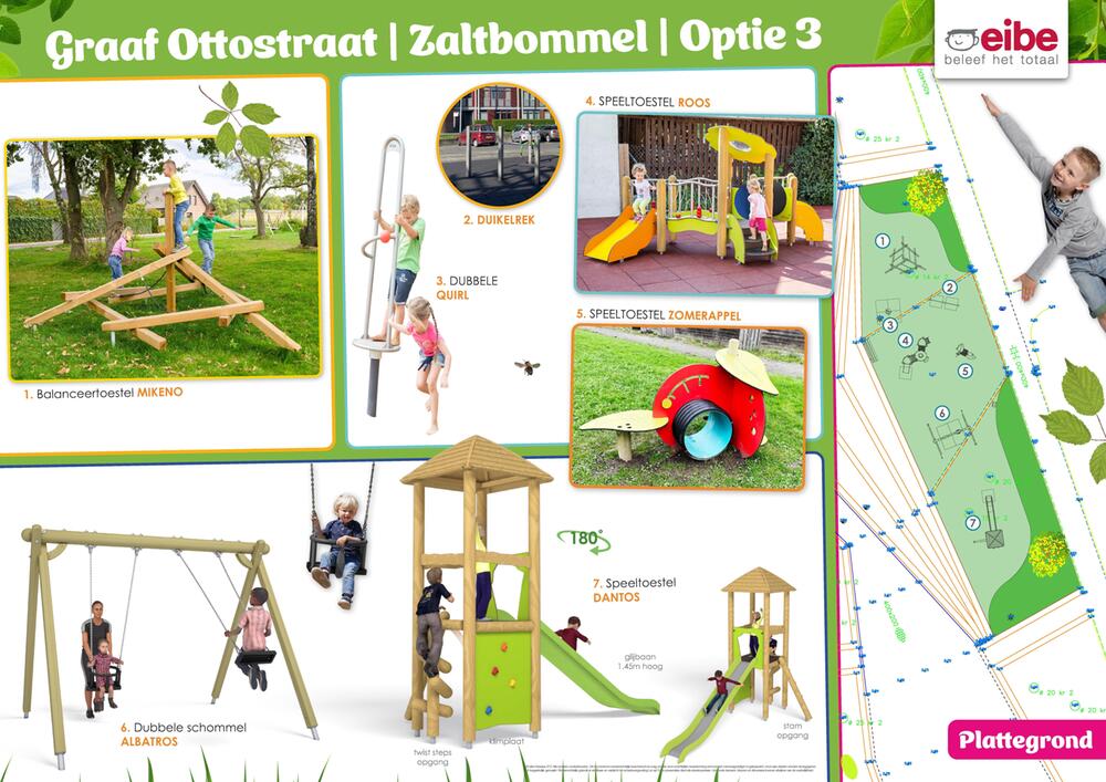 Ontwerp voor een speelplek aan de Graaf Ottostraat in Zaltbommel met speeltoestellen zoals een balanceertoestel, duikelrek, klim- en glijtoestel, schommel en speelelementen, inclusief plattegrond.