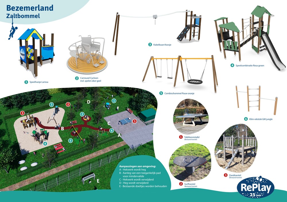 Impressie van een ontwerp voor speelplaats Bezemerland in Nieuwaal met verschillende speeltoestellen, waaronder een speelhuisje, rolstoelcarrousel, kabelbaan, glijbaan, schommels en klimtoestellen, plus een plattegrond van de inrichting van het terrein.