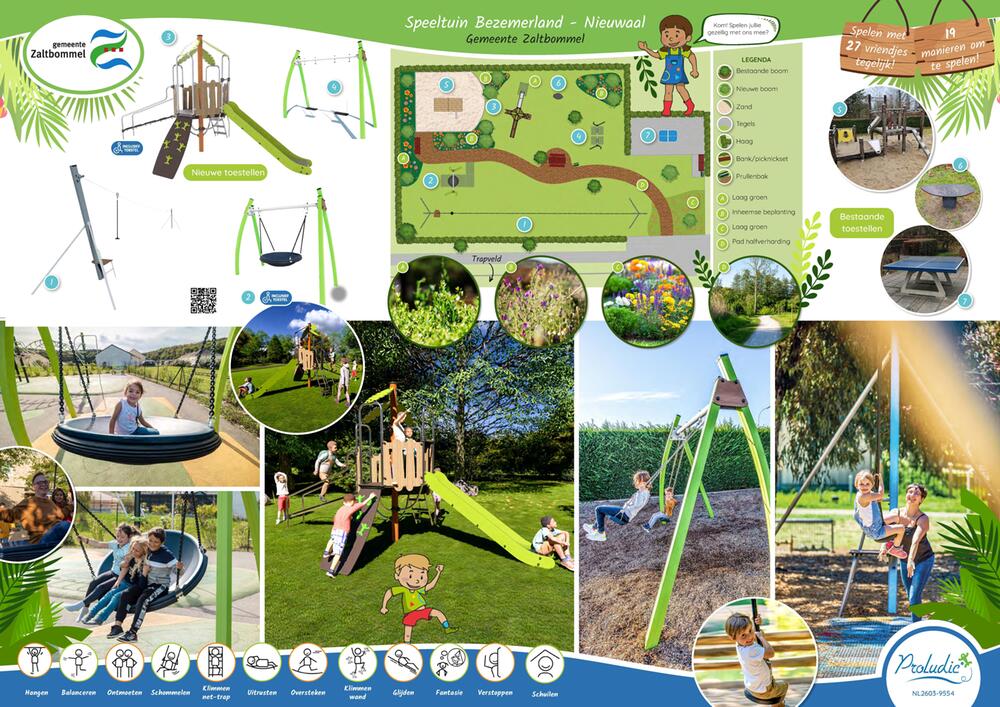 Ontwerp van speeltuin Bezemerland in Nieuwaal met een overzichtskaart, nieuwe speeltoestellen zoals een kabelbaan, schommels en klim-glijcombinatie, bestaande speeltoestellen en sfeerfoto’s van spelende kinderen in een groene omgeving.