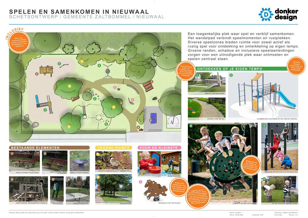 Schetsontwerp van een groene speel- en ontmoetingsplek in Nieuwaal met wandelpaden, speeltoestellen, bomen, zitbanken en verschillende speelzones voor kinderen van diverse leeftijden. Rechts staan sfeerfoto’s en voorbeelden van speeltoestellen en natuurli