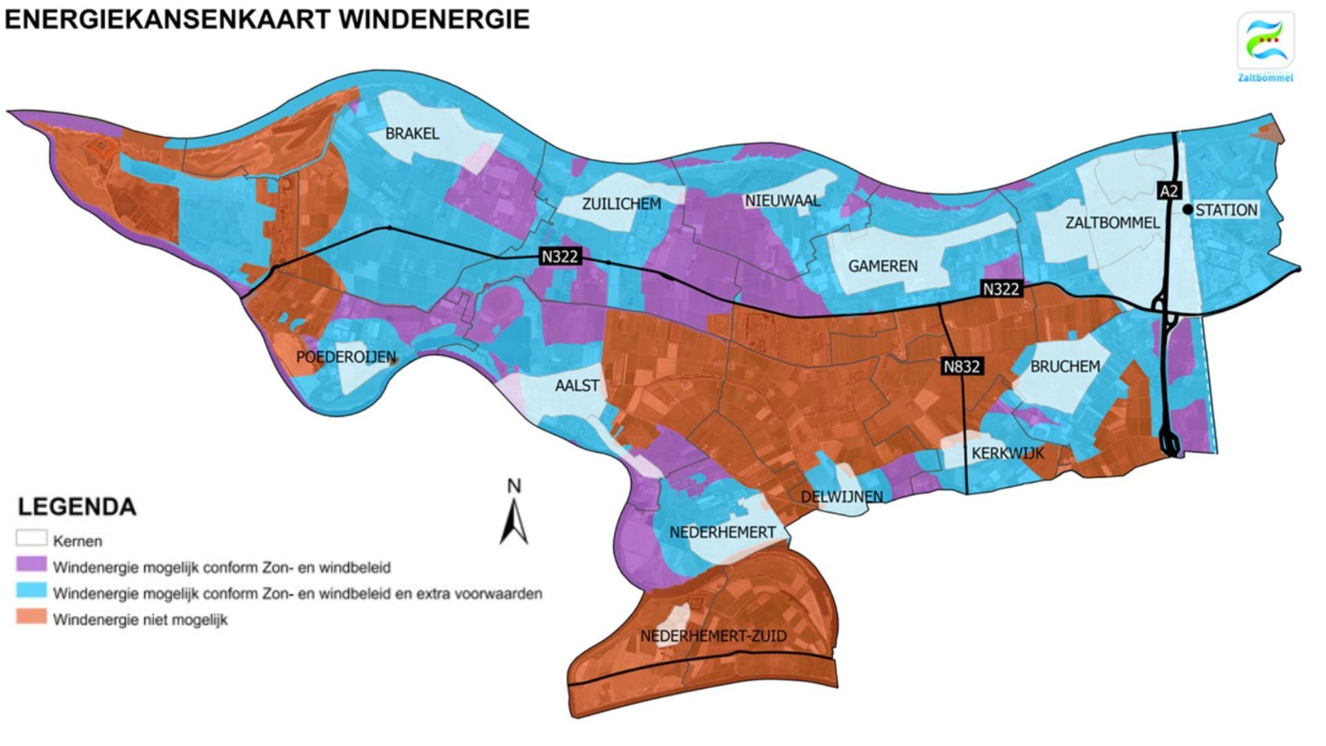 kaart van gemeente Zaltbommel met vlakken ingetekend waar windenergie mogelijk is en waar met extra voorwaarden en waar het niet mogelijk is