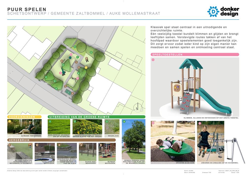 Ontwerp voor speelplek aan de A. Mollemastraat in Zbm, met een groene speelruimte, wandelpaden, bomen, struiken en speeltoestellen. Ook zijn voorbeelden van beplanting, zitgelegenheid en hergebruikte elementen.