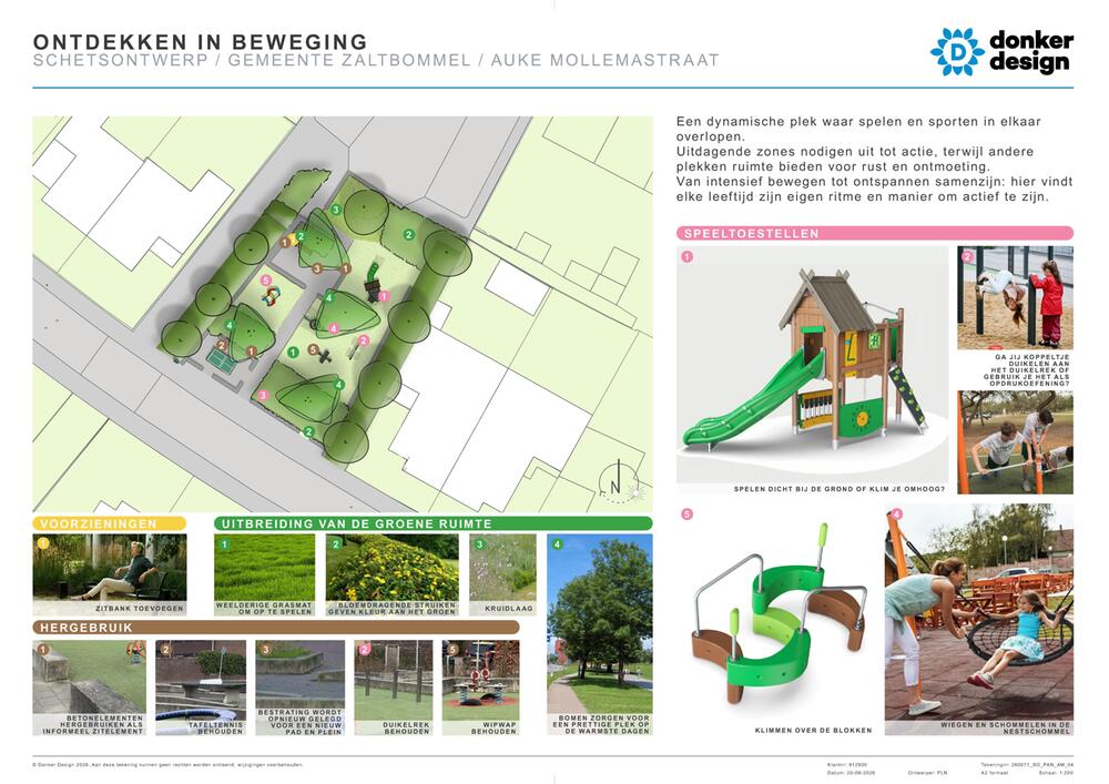Ontwerp voor speelplek aan de A. Mollemastraat in Zbm, met een groene speelruimte, wandelpaden, bomen, struiken en verschillende speel- en beweegtoestellen. Ook zijn voorbeelden van beplanting, zitgelegenheid en hergebruikte elementen weergegeven.