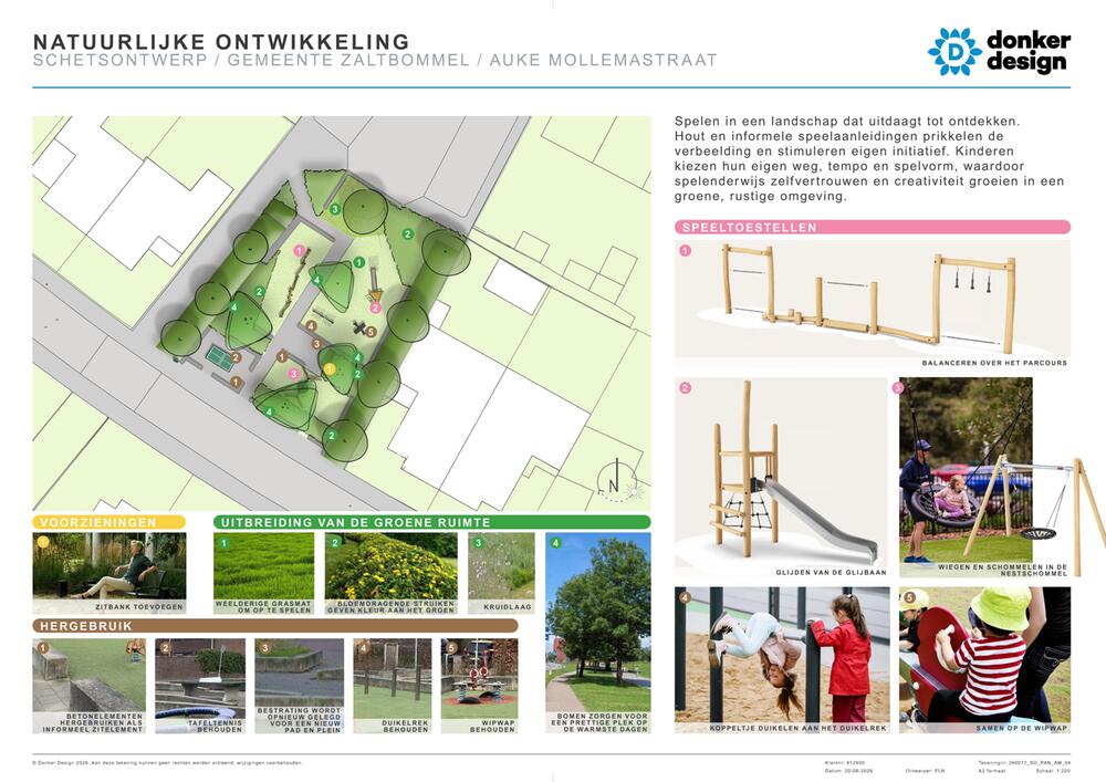 Ontwerp voor de natuurlijke speelruimte aan de Auke Mollmastraat in Zaltbommel, met een plattegrond van de groene inrichting en voorbeelden van speeltoestellen, zoals een balansparcours, glijbaan, nestschommel en duikelrek.