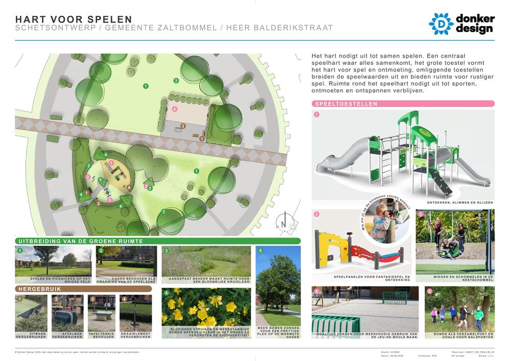 Ontwerp voor de speelplek aan de Heer Balderikstraat in Zaltbommel met een plattegrond, een grote klim- en glijcombinatie, speelpanelen en een nestschommel, omringd door bomen, struiken en gras.