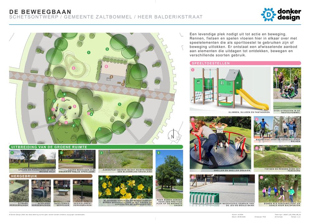 Ontwerp voor de speelplek aan de Heer Balderikstraat in Zaltbommel met een plattegrond, een klim- en glijtoestel, nestschommel, draaitoestel, balanceerelementen en een heuvelachtig fiets- en renparcours.