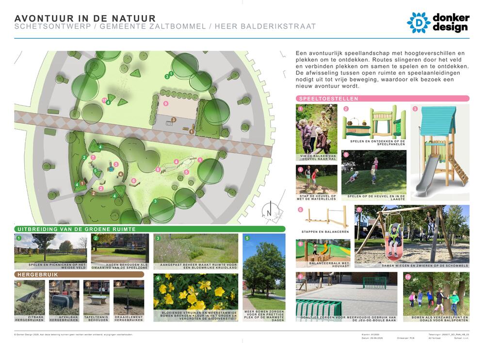 Ontwerp voor de speelplek aan de Heer Balderikstraat in Zaltbommel met een plattegrond, speelheuvels, een glijbaan, schommels, balanceertoestellen en speelelementen, omringd door bomen en groen.