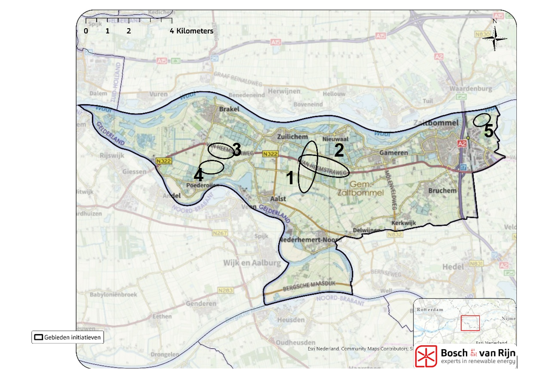 Kaart gemeente Zaltbommel met vijf genummerde gebieden voor ingediende initiatieven voor windenergie.1. ten noordoost van Aalst 2. Nieuwaal 3en4. Boven Poederoijen