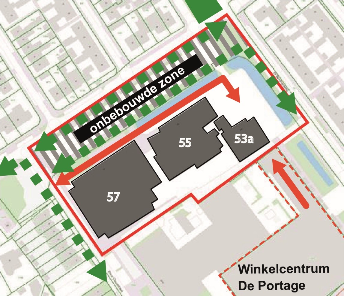 Overzichtskaartje plangebied Akwamarijn,De Ring te Zaltbommel. Het oude zwembad Akwamarijn en sporthal de Ring staan erop met ervoor een groene strook 'onbebouwde zone'